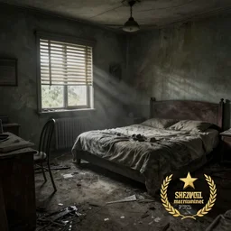 derelict hotel room, abandoned, messy, moody atmosphere, sunlight through window blinds, dusty room, creepy, detailed sketch, artstation award