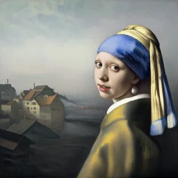 “a coastal city, by Johannes Vermeer”