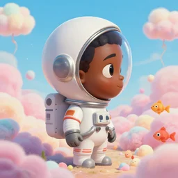 wide - angle profile face portrait of a tin toy of a black boy dressed like an astronaut in a cotton candy field, nicoletta ceccoli, mark ryden, lostfish, max fleischer, hyper realistic, artstation, illustration, digital paint, matte paint, vivid colors, bright, cheerful, detailed and intricate environment