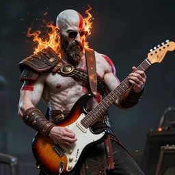 sunglasses wearing kratos rocking out on a stratocaster guitar, cinematic render, god of war 2 0 1 8, playstation studios official media, sunglasses, lightning, flames, red stripe tattoo