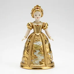 gilded porcelain doll, professional product shot, isolated on a pure white background, centered, entire object in frame, sharp focus, soft studio lighting