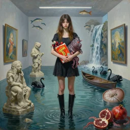 painting of a tall emo girl in a flooded art gallery, holding a box of cheerios, a hippopotamus, berries, octopus, nautilus, long black boots, flooded, stone sculptures, art on the walls, fish, zen, waterfall, black swans, canoe, pomegranates, surrealist, by magritte and monet