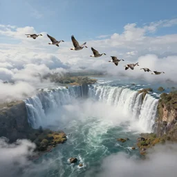 flying wild goose arraya through the clouds. gorgeous aerial view painting by barlowe wayne maxfield parrish and marco mazzoni. sapa in china. grey blue. ultra clear detailed. 3 d, octane render. waterfall. turbulent blood lake. 8 k