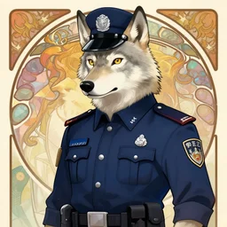 anthropomorphic albino wolf wearing a police uniform. renowned character illustration by alphonse mucha. trending on furaffinity.