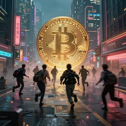 people running away scared from cryptocurrency city, cyberpunk art ultrarealistic 8k