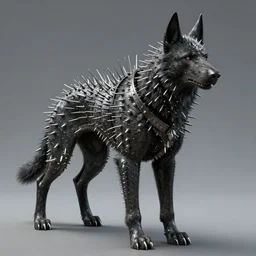 cinematic artwork of a hellhound in spiky armor with loads metal needles coming out of it, trending on artstation