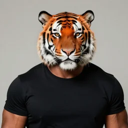 man anthropomorphic portrait furry orange ears Mike tyson the champion camouflaged as a tiger wearing a black shirt norman rockwell robert rauschenberg nelson shanks giorgio de chirico