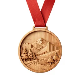 carved wooden medal on ribbon, stylized 3d render, isolated on a pure white background, centered, entire object in frame, sharp focus, soft studio lighting