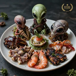 a beautifully photographed plate of creepy and weird and disturbing alien foods, food magazine photography
