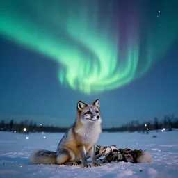 arctic fox sitting in the snow looking to the sky, aurora borealis, snowblanket, golden ratio, white fireflies