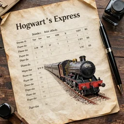 train schedule for hogwart ’ s express, parchment paper, pen and ink, highly detailed,