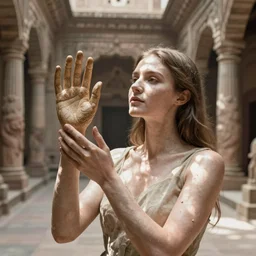a portrait of a woman made entirely of hands and fingers, soft sunlight dappling on her, she holds a hand puppet, in ancient airy building,  award-winning photo