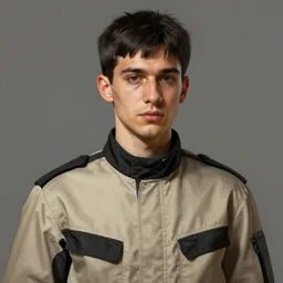 portrait of a man by moebius, he is about 3 0 years old, short black hair with bangs, his features are a mix between french, turkish and russian and he is wearing a beige and black utility jumpsuit, highly detailed portrait, digital painting, artstation, concept art, smooth, sharp foccus ilustration, artstation hq.