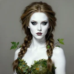 a stunningly matte painting of a beautiful alison brie dressed as poison ivy with white skin and with hair tied in a braid, dark eyeliner, intricate, elegant, highly detailed, digital painting, artstation, concept art, sharp focus, illustration, art by greg rutkowski and alphonse mucha