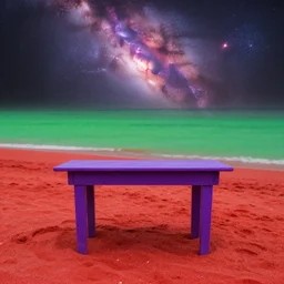 purple table, red sand beach, green ocean, nebula sunset