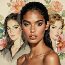 portrait dark latina supermodel with floral background by karol bak, artgerm, moebius, elena masci, tom bagshaw : : portrait, illustration, photorealism, hyperrealism