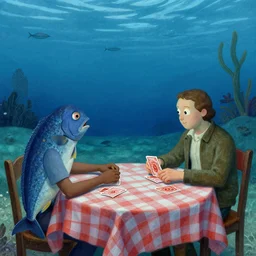 two fishes sitting at a table playing cards at the bottom of the sea, the table has a checkered table cloth, lowbrow surrealistic, in the style of mark ryden,