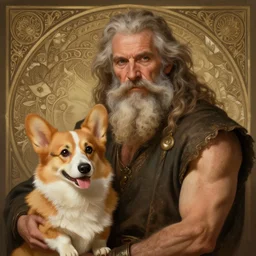 portrait of a old, ruggedly handsome bearded man next to a corgi dog, soft hair, muscular, half body, cloth, d & d, fantasy, intricate, elegant, highly detailed, digital painting, artstation, concept art, smooth, sharp focus, illustration, art by artgerm and greg rutkowski and alphonse mucha