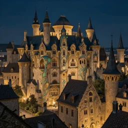 an ancient medieval cityscape with art nouveau architecture at night by rodney matthews, michael whelan and michael kaluta