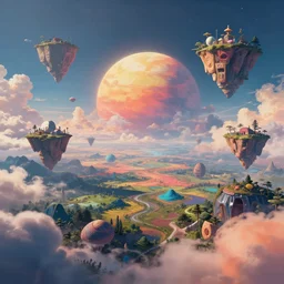 a view of a surreal alien variated planetary landscape, surreal clouds, floating islands, 4 k, retro, detailed, beautiful view, vibrant, trending on artstation