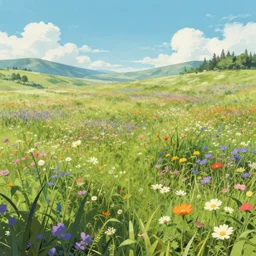 a solarpunk wild flower meadow by paul lehr