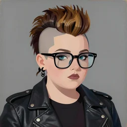 a representative chubby young goth girl an asymmetrical ombre mohawk wearing oversized euro glasses and a leather jacket. anaglyph lighting, detailed character design, melancholic flat vector geometric minimalism by oskar schlemmer, moebius, nagel, john berkey, oil on canvas, portrait facial head, featured on artstation, hd wallpaper, anime art nouveau