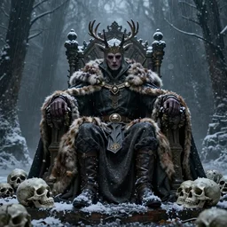a cursed mad king dressed in a deer fur cloak, sitting in her throne, surrounded by broken skulls, under a snow rain, cinematic epic scene, wide view, winter light, detailed, 8 k, trending on cgi society, volummetric light