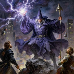stunning male master wizard destroying new york by his thunder spell, highly detailed painting by gaston bussiere, craig mullins, j. c. leyendecker, 8 k