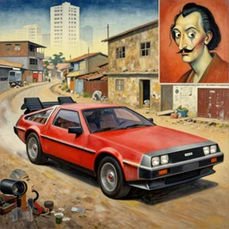 a red delorean in ajegunle slum of lagos - nigeria, painting by hsiao - ron cheng, utagawa kunisada & salvador dali, magazine collage style,