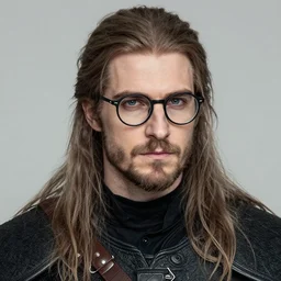 a photo of a guy with very long brownish hair, with nerdy glasses and goatee, cosplay of geralt of rivia witcher!