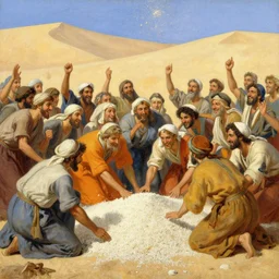 detailed digital painting of a crowd of happy jews in the desert harvesting white manna, yellow orange and blue color scheme, painting by gaston bussiere, craig mullins, j. c. leyendecker 8 k
