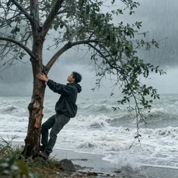 The print shows a man caught in a storm, buffeted by wind and rain. He clings to a tree for support, but the tree is bent nearly double by the force of the storm. The man's clothing is soaked through and his hair is plastered to his head. His face is contorted with fear and effort. Adventure Time, mint by Tibor Nagy, by Mab Graves evocative