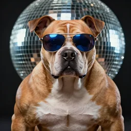 an anthro dog wearing shiny sunglasses,digital art,ultra realistic,ultra detailed,art by greg rutkowski,photorealistic,detailed face,disco ball in background,high quality,4k,character concept,muscular anthropomorphic body
