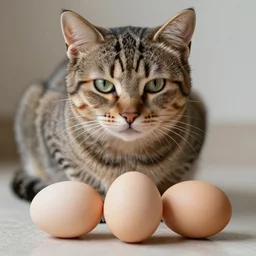 A photo of a cat sitting on 3 eggs, photography, realistic, 4k, sharp focus