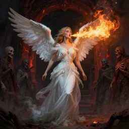 a beautiful angelic woman spitting fire from her mouth at lost souls that are standing at the entrance of hell, fantasy art, art by greg rutkowski