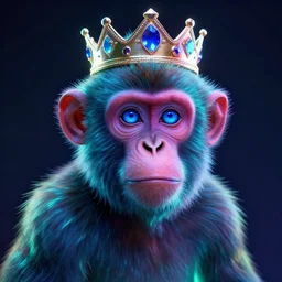 glowwave portrait of monkey with crown and blue eyes, neon, au naturel, hyper detailed, digital art, trending in artstation, cinematic lighting, studio quality, smooth render, unreal engine 5 rendered, octane rendered, art style by klimt and nixeu and ian sprigger and wlop and krenz cushart.