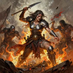 a beautiful brutal warrior brutally destroys his enemies on the battlefield, wrath flame and ruin, oil painting, trending on artstation comic book style