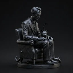 miniature statue of lovercraft sitting skin seat with cat, tentacle around, top - side view, black resin, black background, octane render