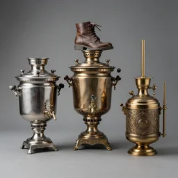 if mix three objects r 2 d 2, russian samovar with a boot on top and moonshine distiller, steampunk style