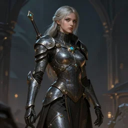 Cyborg medieval night female, sci-fi, highly detailed, digital painting, artstation, concept art, smooth, sharp focus, illustration, art by artgerm and greg rutkowski and alphonse mucha