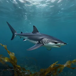 black shark swimming through the sea, seaweed, realistic, photorealistic, painting, unreal engine, 4 k