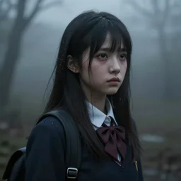 school girl looking at the aky, gloomy and foggy atmosphere, octane render, cgsociety, artstation trending, horror scene, highly detailded