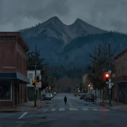 painterly, messy, ominous! landscape of north bend, washington main street, dark, lonely!! stop light glowing, twin peaks, 'lone dark figure'!!