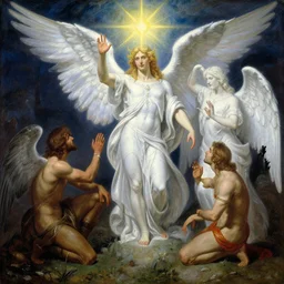gallant male deity, casting angelic magic, summoning regal lucifer morning star, as they negotiate over the earthly realm, highly detailed painting by gaston bussiere, craig mullins, j. c. leyendecker, tom of finland
