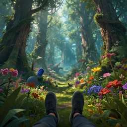 first person perspective digital illustration of a fantasy forest of vibrant flora and fauna by industrial light and magic:1|wide angle panoramic by beeple and Roger Dean, viewed from eye level:0.9|fantasy, cinematic:0.9|Unreal Engine, Octane, finalRender, devfiantArt, artstation, artstation HQ, behance, HD, 16k resolution:0.8