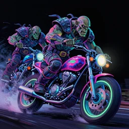 psychedelic blacklight neon airbrush artwork, motorcycles, hyper stylized cinematic action shot of orcs in battle armor racing on motorcycles, menacing orcs, drifting, skidding, wheelie, clear focused details, soft airbrushed artwork, black background, post apocalypse, cgsociety, artstation