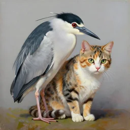 painting of hybrid between black crowned night heron and spotted calico cat, intercrossed animal, mixture animal, by zdzislaw beksinski, by tiffany bozic, by chris buzelli, cute animal