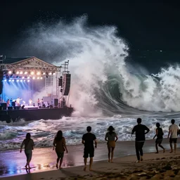 a tsunami hitting a night concert at the beach, huge wave and people running