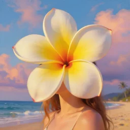 closeup, giant frangipani head, girl on beach, surreal photography, golden hour, colorful clouds, impressionist painting, digital painting, artstation, simon stalenhag