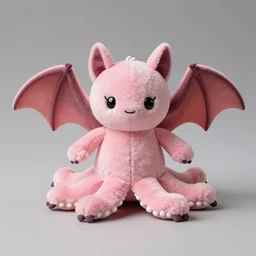 kawaii pink vampire bat plush with webbed octopus legs reminiscent of bat wings, normal arms, by the sanrio company, real life, cinematic, adorable